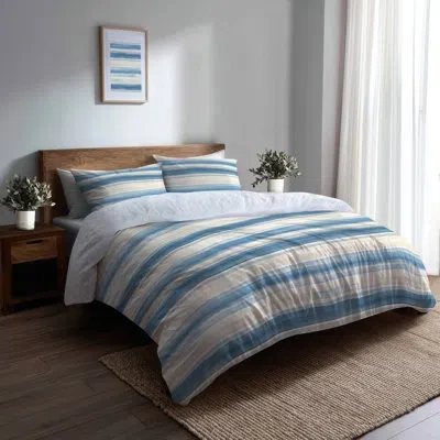 Design Art Modern Bedding Set 4 Pcs - Striped Calm Horizon Bed Comforter Set In Blue;beige