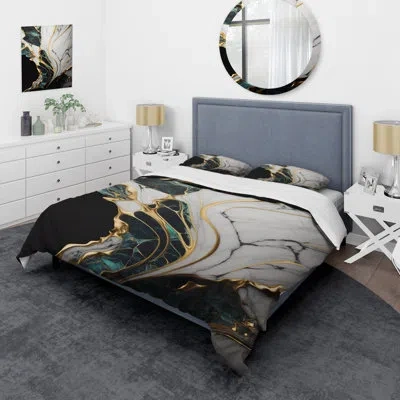 Design Art Modern Bedding Set Of 4 - Abstract Geode Gold And Green Marble Iii Comforter Bedding Set In Green;gold