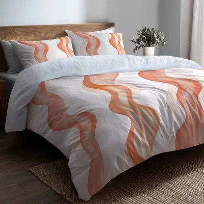 Design Art Modern Bedding Set Of 4 - Abstract Orange And White Terra Lines Bed Comforter Set In White;orange