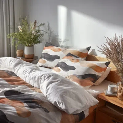 Design Art Modern Bedding Set Of 4 - Black Stone Air Bed Comforter Set In Black;orange
