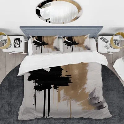 Design Art Modern Bedding Set Of 4 - Black, White And Gold Expression Iii Comforter Bedding Set In Black;gold