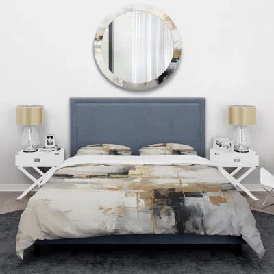 Design Art Modern Bedding Set Of 4 - Essential Bliss Minimalism Abstract Gold Painting Comforter Bedding Set In Black;gold
