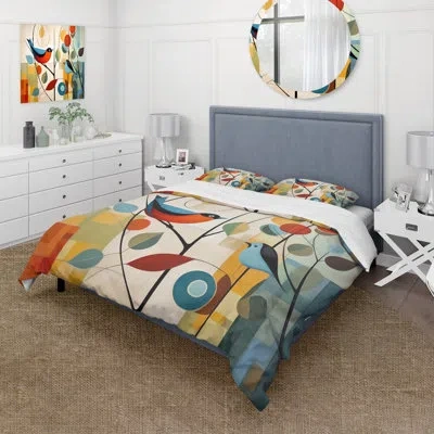 Design Art Modern Bedding Set Of 4 - Green Mid Century Mod Nature Iii With Shams And Throw Pillows