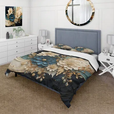 Design Art Modern Bedding Set Of 4 - Liquid Ink Spiralscape Ii Comforter Bedding Set In Teal;gold