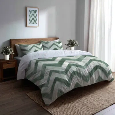 Design Art Modern Bedding Set Of 4 - Scandinavian Green And White Sage Chevron Bed Comforter Set In Green;white