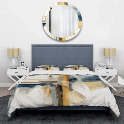 Design Art Modern Blue And Gold Abstract Iv - Modern Transitional Duvet Cover Set - Microfiber Polyester In Blue;gold