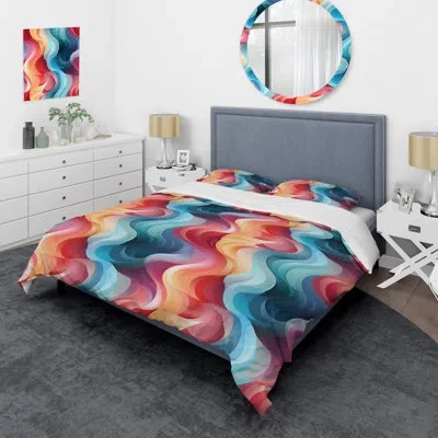 Design Art Modern Blue And Pink Striped Fusion - Striped Duvet Cover Set - Microfiber Polyester In Multicolor