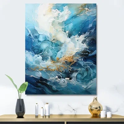 Design Art Modern Blue Goldn Wave Symphony Ii - Abstract Modern Waves Wall Art In Wrapped Canvas