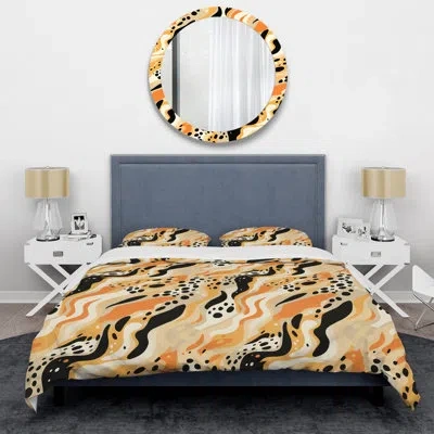 Design Art Modern Cheetah Orange And Black Fusion - Abstract Duvet Cover Set - Microfiber Polyester In Black;orange