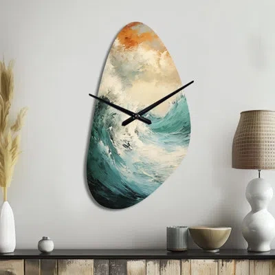 Design Art Modern Coastal Blue And Gold Wave - Ocean Asymmetrical Metal Wall Clock, Beige Irregular Shape Wall 