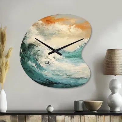 Design Art Modern Coastal Blue And Gold Wave - Unique Shape Ocean Metal Wall Clock, Asymmetrical Metal Wall Clo In Beige