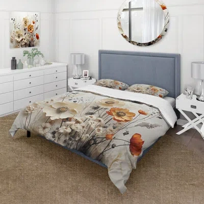 Design Art Modern Comforter Set 4 Pcs - Bohemian Earthly Floral Collage Ii Comforter Bedding Set In White;coral