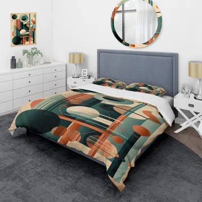 Design Art Modern Comforter Set 4 Pcs - Orange And Green Mid Century Momentum Comforter Bedding Set In Green;orange
