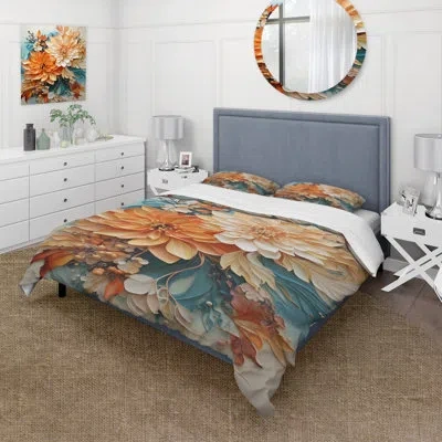 Design Art Modern Comforter Set 4 Pcs - Orange Teal Botanical Whirlwind I Comforter Bedding Set In Teal;orange