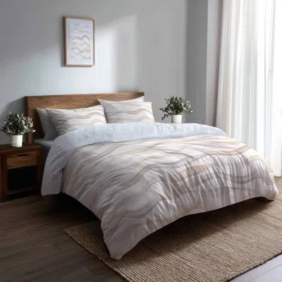 Design Art Modern Comforter Set 6 Pcs - Brown Neutral Waves Comforter Bedding Set In Brown;white