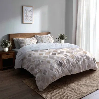 Design Art Modern Comforter Set 6 Pcs - Geometric Soft Diamonds Comforter Bedding Set In Cream;gray