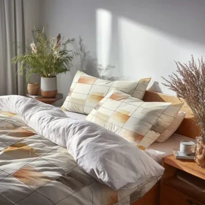 Design Art Modern Comforter Set 6 Pcs - Orange Neutral Grid Comforter Bedding Set In Gray;orange