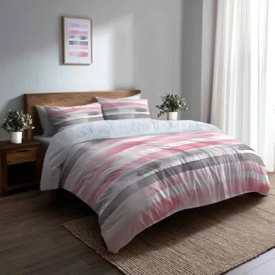 Design Art Modern Comforter Set 6 Pcs - Striped Pink And Grey Whisper Stripes Comforter Bedding Set In Gray;pink