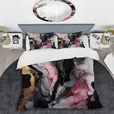 Design Art Modern Comforter Set Of 4 - Black Gold Marble Splash Ii Comforter Bedding Set In Black;gold