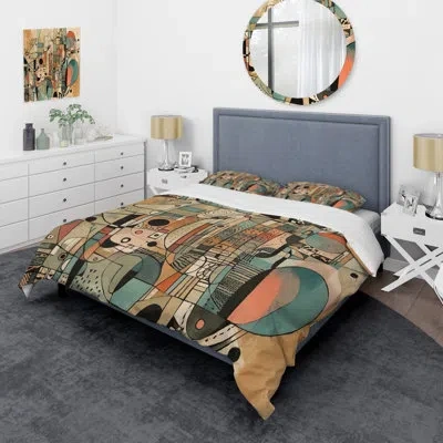 Design Art Modern Comforter Set Of 4 - Golden Mid Century Boho Drawing Bedding And Throw Pillow Set In Green;orange