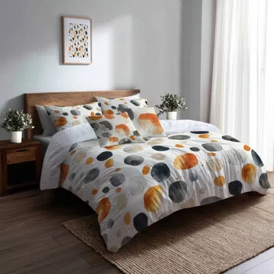 Design Art Modern Comforter Set Of 6 - Black Minimalist Stone Forms With Shams And Throw Pillows In Black;orange
