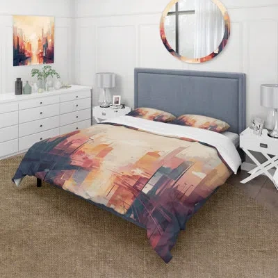 Design Art Modern Cubism Cityscape I - City Duvet Cover Set - Microfiber Polyester In Red;yellow