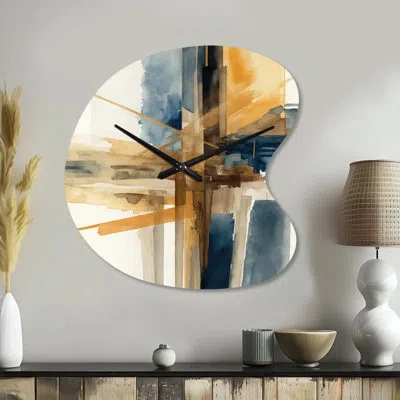 Design Art Modern Watercolor Abstract I - Abstract Spirals Asymmetrical Metal Clock, Blue Unique Shape Wall Clo In Blue;gold