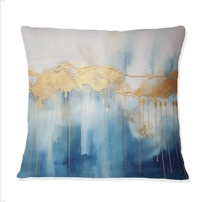 Design Art Momentary Spirit Golden Wave Painting I - Abstract Shapes Printed Throw Pillow In Blue;gold