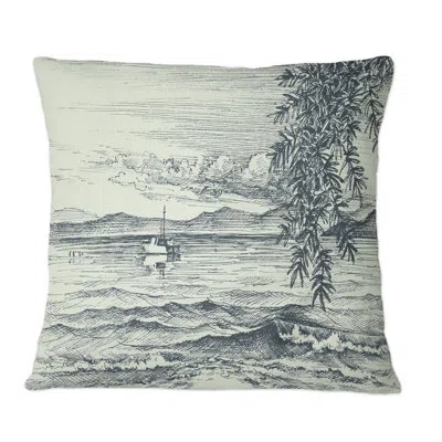 Design Art Monchrome Calm Sea View With Olive Tree On Shore - Nautical & Coastal Printed Throw Pillow In Black;white