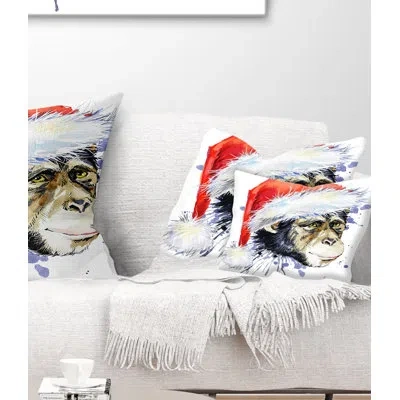 Design Art Monkey Santa Clause - Animal Printed Throw Pillow In Gray;red