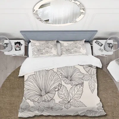 Design Art Monochrome Flowers And Leaves - Traditional Duvet Cover Set - Microfiber Polyester In Black;coral