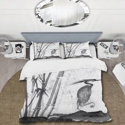 Design Art Monochrome Heron And Bamboo - Traditional Duvet Cover Set - Microfiber Polyester In Gray,white