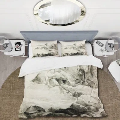 Design Art Monochrome Lake Shore - Nautical & Coastal Duvet Cover Set - Microfiber Polyester In Cream,gray
