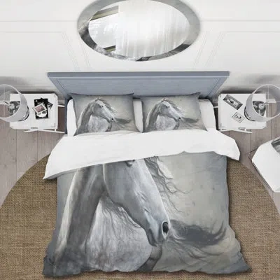 Design Art Monochrome Portrait Of A Wild Horse - Farmhouse Duvet Cover Set - Microfiber Polyester In Gray,white
