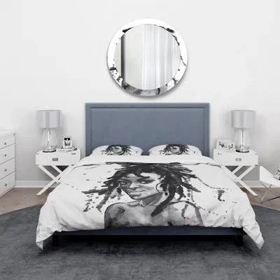 Design Art Monochrome Portrait Of African American Woman Ii - Modern Duvet Cover Set - Microfiber Polyester In Black