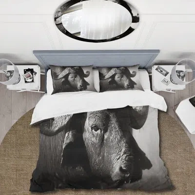 Design Art Monochrome Portrait Of Buffalo Ii - Farmhouse Duvet Cover Set - Microfiber Polyester In Black