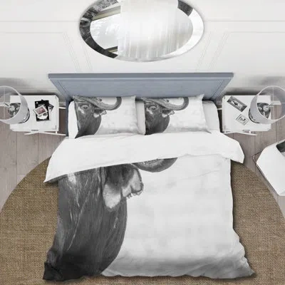 Design Art Monochrome Portrait Of Buffalo Iii - Farmhouse Duvet Cover Set - Microfiber Polyester In Black