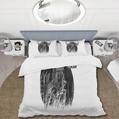Design Art Monochrome Portrait Of Buffalo Iv - Farmhouse Duvet Cover Set - Microfiber Polyester In Black