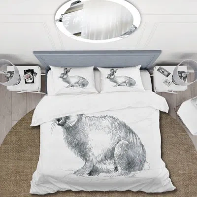 Design Art Monochrome Portrait Of Rabbit - Farmhouse Duvet Cover Set - Microfiber Polyester In Gray