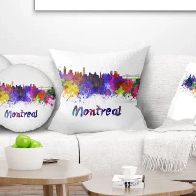 Design Art Montreal Skyline - Cityscape Printed Throw Pillow In Yellow;purple