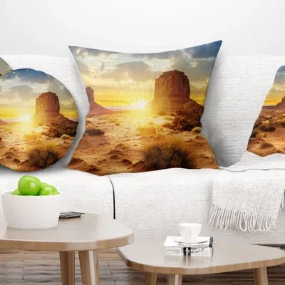 Design Art Monument Valley At Sunset - Landscape Printed Pillow In Blue;black;brown;green;red;yellow