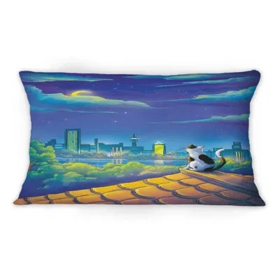 Design Art Moon Night Cat And Moon City Scene - Industrial Printed Throw Pillow 1