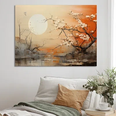 Design Art Moon On Tangerine Twilight Landscape - Moon Wall Art Prints In Wrapped Canvas