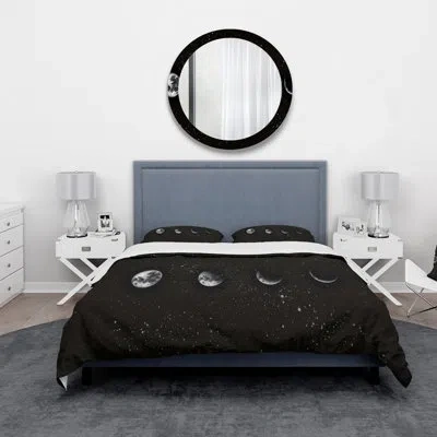 Design Art Moon Phases In The Night Sky - Modern Duvet Cover Set - Microfiber Polyester In Black;white