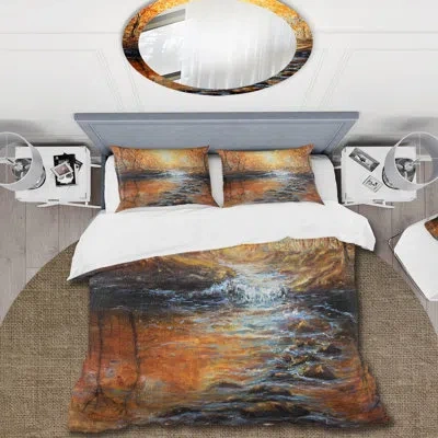 Design Art Morning Light In The Autumn Forest - Lake House Duvet Cover Set - Microfiber Polyester In Orange