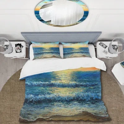Design Art Morning Light On The Ocean Waves I - Nautical & Coastal Duvet Cover Set - Microfiber Polyester In Blue