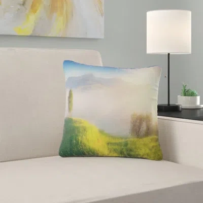 Design Art Morning Mist Over Mountain Village - Landscape Printed Pillow In Green