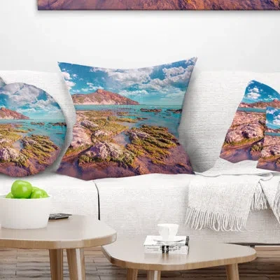 Design Art Morning On The Giallonardo Beach - Sea & Shore Printed Pillow In Blue
