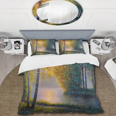 Design Art Morning Summer With Beautiful River Spring Forest - Country Duvet Cover Set - Microfiber Polyester In Green