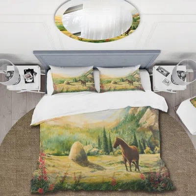 Design Art Morning Sun In The Mountains With Horse - Farmhouse Duvet Cover Set - Microfiber Polyester In Green,yellow,pink